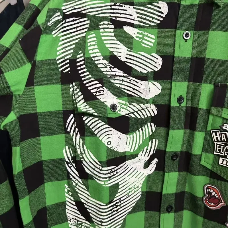 Goth green checkered graffiti versatile personality men long sleeve shirt American Harajuku fashion pullover loose couple top