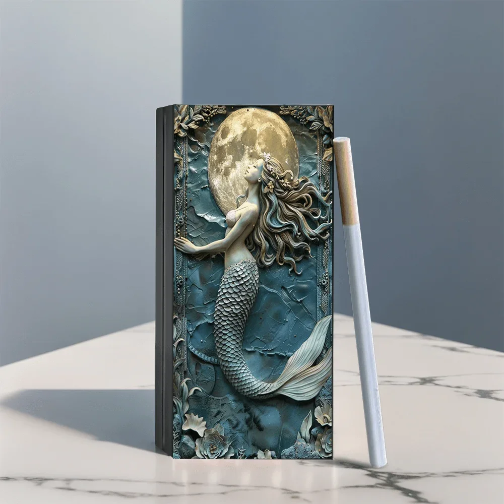 Retro Mermaid Metal Cigarette Case - Durable Portable Large Capacity with Push-Pull Design - Unique Daily Use Cigarette Case