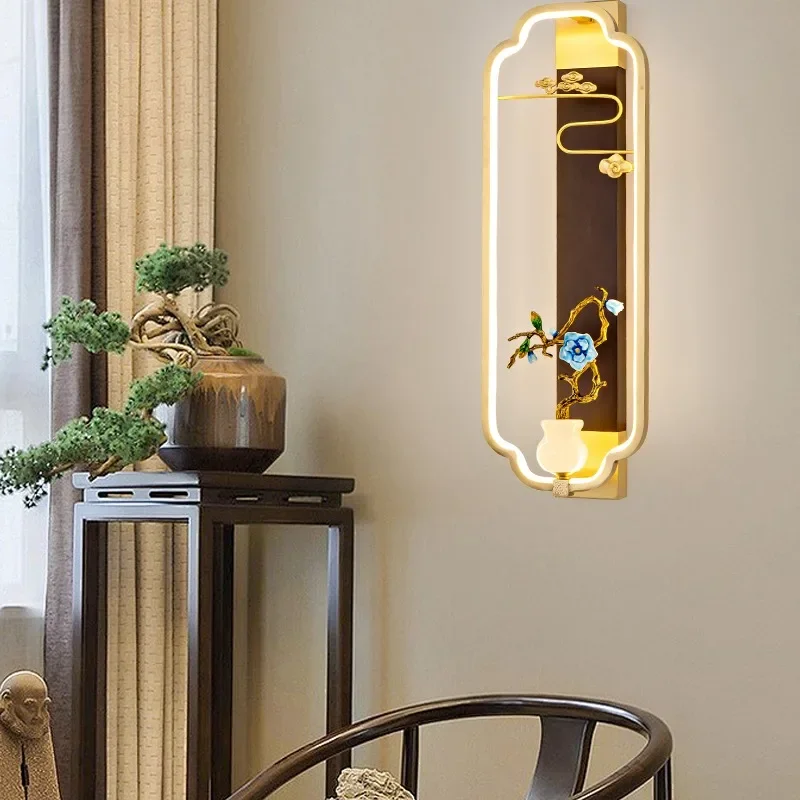 Lampu dinding Cina baru, lampu dinding latar belakang TV ruang tamu, gaya Cina baru yang seluruhnya terbuat dari tembaga, lorong masuk kamar tidur, lampu samping tempat tidur
