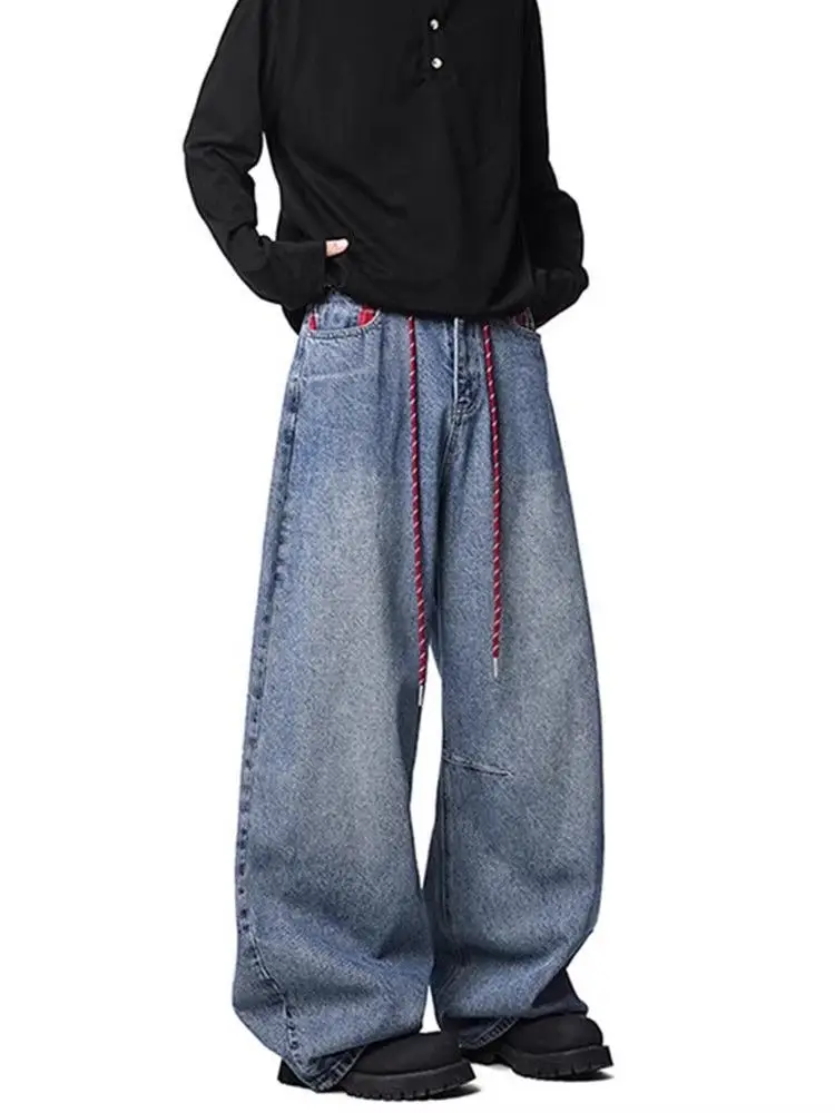 Men's Red Grid Splicing Jeans Wide Leg Sweatpants Spring Street Unisex Baggy Pants Cool Boys Curved Bottoms Male Loose Trousers