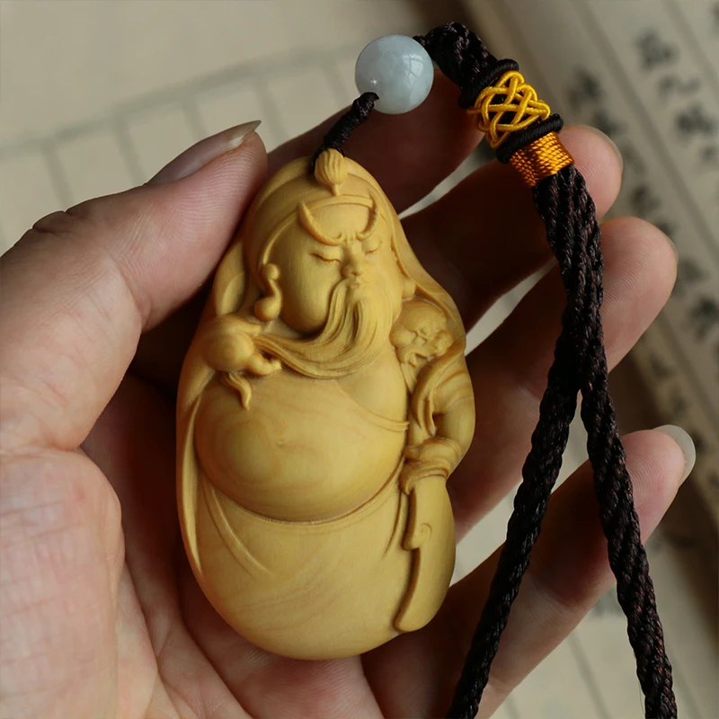 Guan Gong Pendant Masterpiece, Adorable Representation from Three Kingdoms Era: Boxwood Engraved Artistry, Distinct Solid Wood