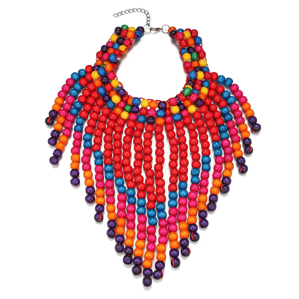 African Women\'s Jewelry Accessories  Patterned Colorful Wooden beads Triangular Scarf Design Tassel Shawl Chain Collar Necklace