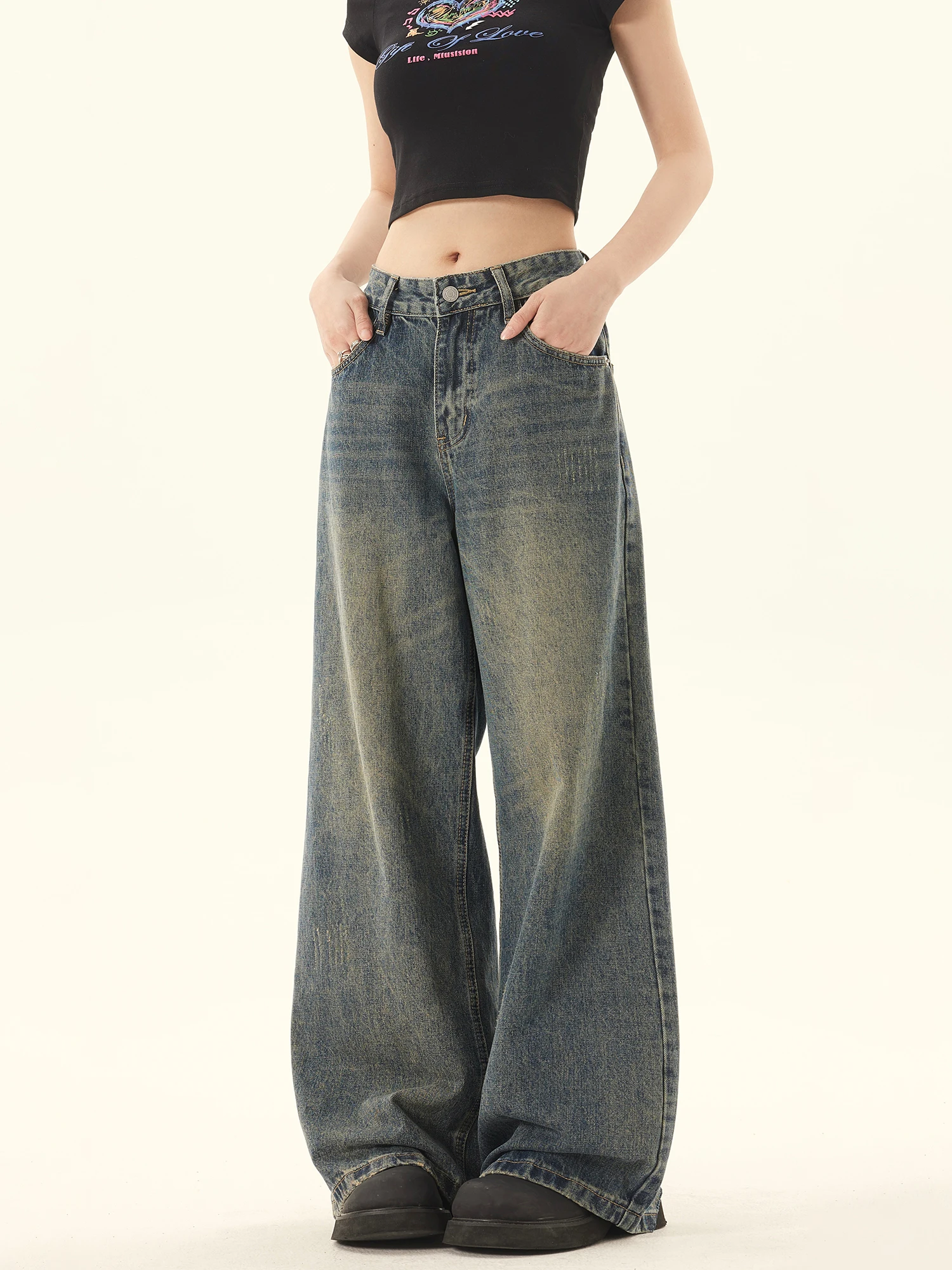 

Vintage High-waisted Jeans American Style Casual Straight-leg Long Pants For Women Loose Denim Trousers