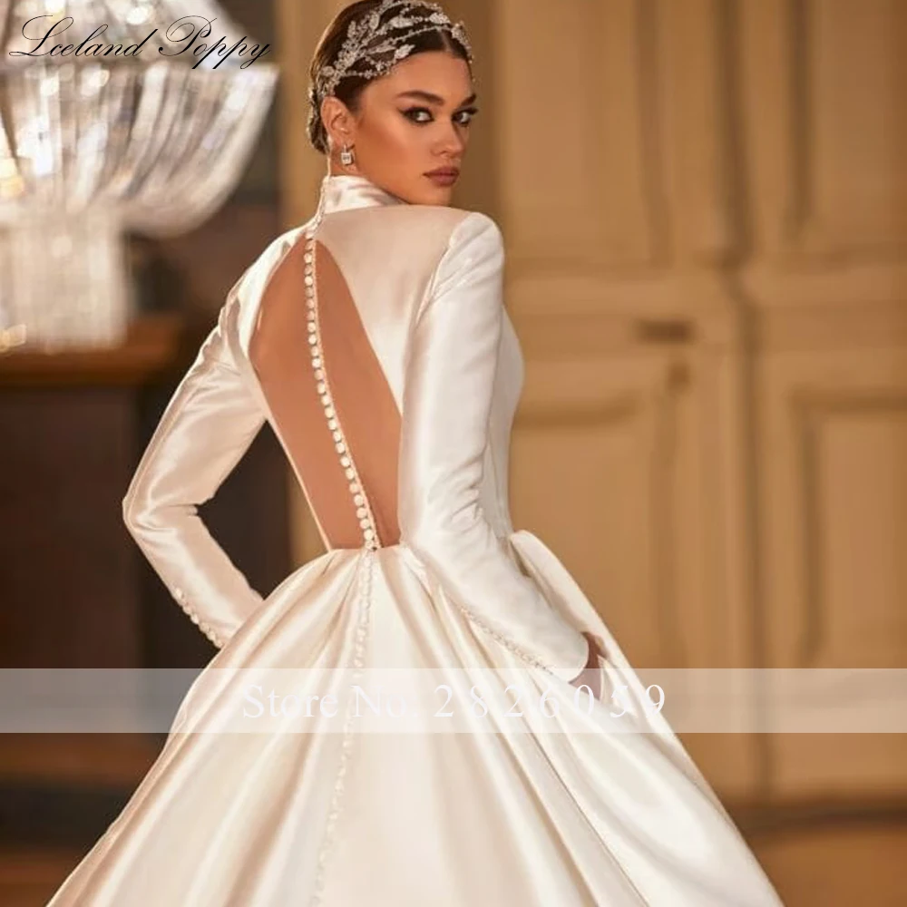 Lceland Poppy Customized A Line High Neck Satin Wedding Dresses Full Sleeves Sheer Back Bridal Gowns with Chapel Train