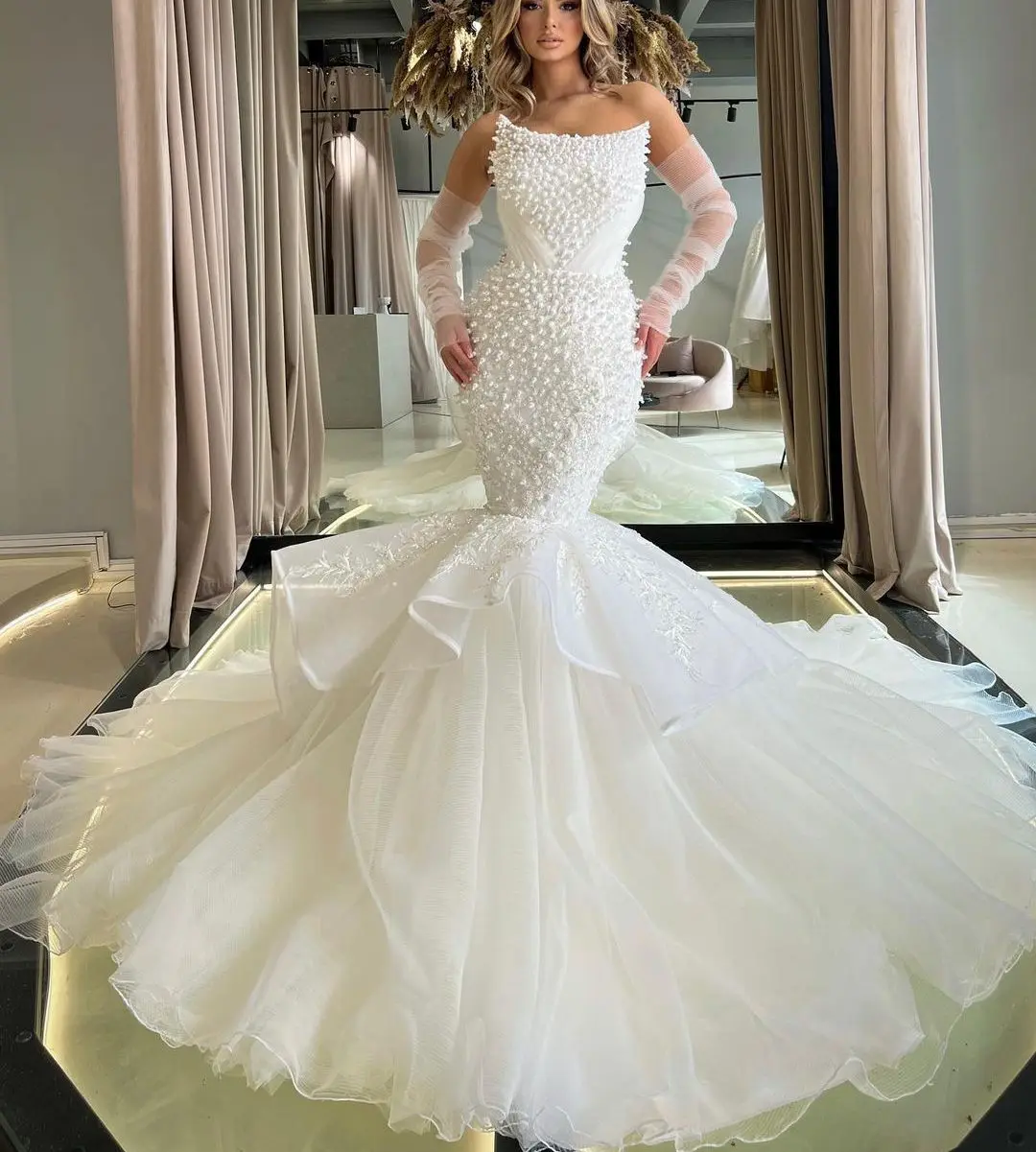 

Elegant Mermaid Wedding Dresses Sleeveless Bateau Sequins 3D Lace Folds Appliques Diamonds Pearls Bridal Gowns Vestina De Novia