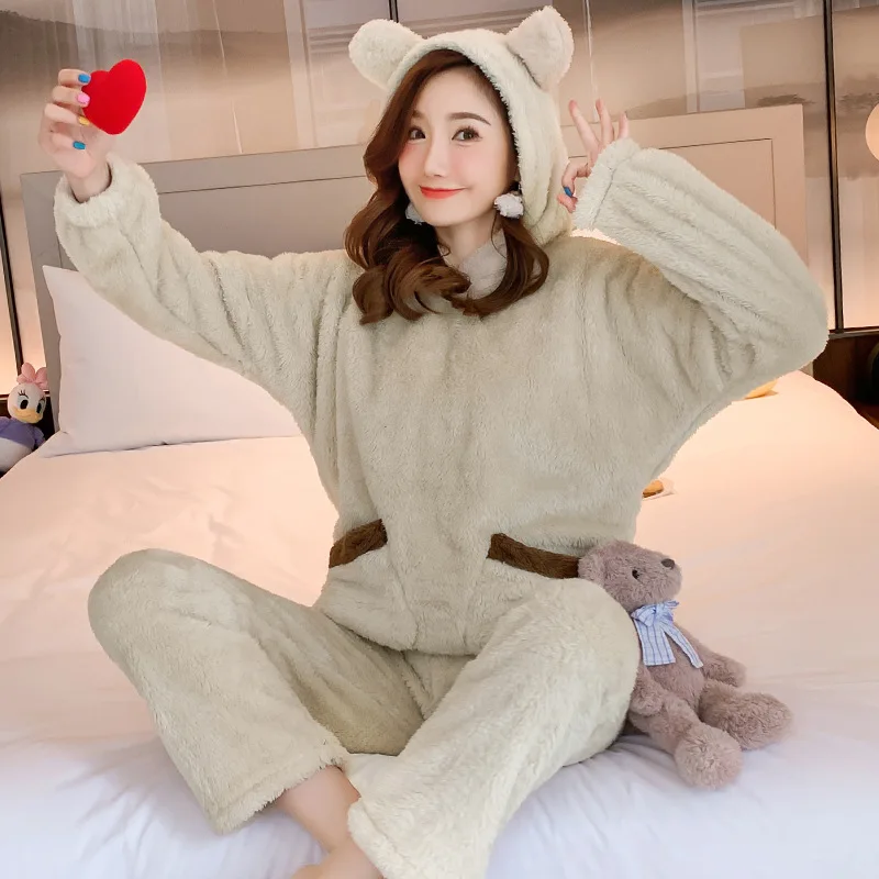 Thickened Warm Autumn and Winter Women Cartoon Plush Hooded Bear Sleepwear Girl Flannel Homewear Two-Piece Set Solid Nightwear