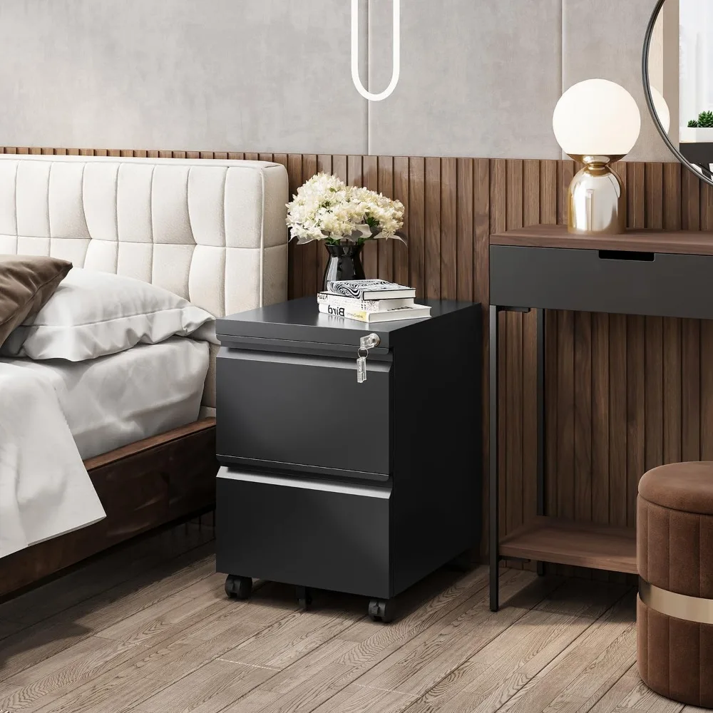 Small Lockable Mobile Under Desk Filing Cabinet - Black Vertical 2-Drawer File Storage for Home Office