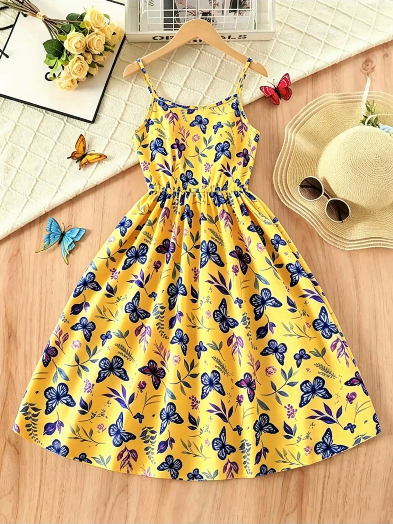 Kinder-Freizeitkleid mit Rundhalsausschnitt, ärmellos, Schmetterlings- und Blättermuster, tailliert, mittellanger Rock, bequeme Kleidung – Detail 2