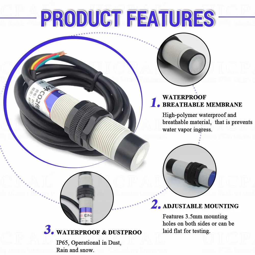 Pipeline Type Carbon Dioxide Sensor CO2 Transmitter 1M Infrared Detector Waterproof Probe 400~5000ppm RS485 or Analog Output