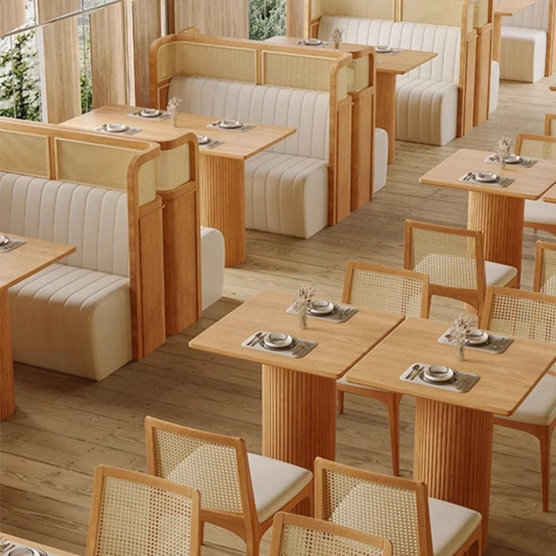 custom.Nordic Japanese Style Restaurant Solid Wood Rattan Sofa Booth Seating Buffet Canteen Dining Table and Chair Commercial Fu