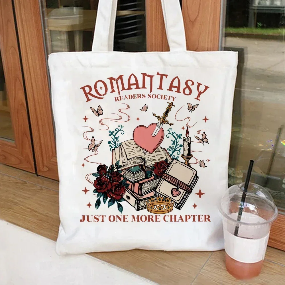 

Romantasy Book Tote Bag Canvas Tote Bag Shoulder Bag with Makeup Bag Literary School Handbag Casual Bags Gift for Girlfriend