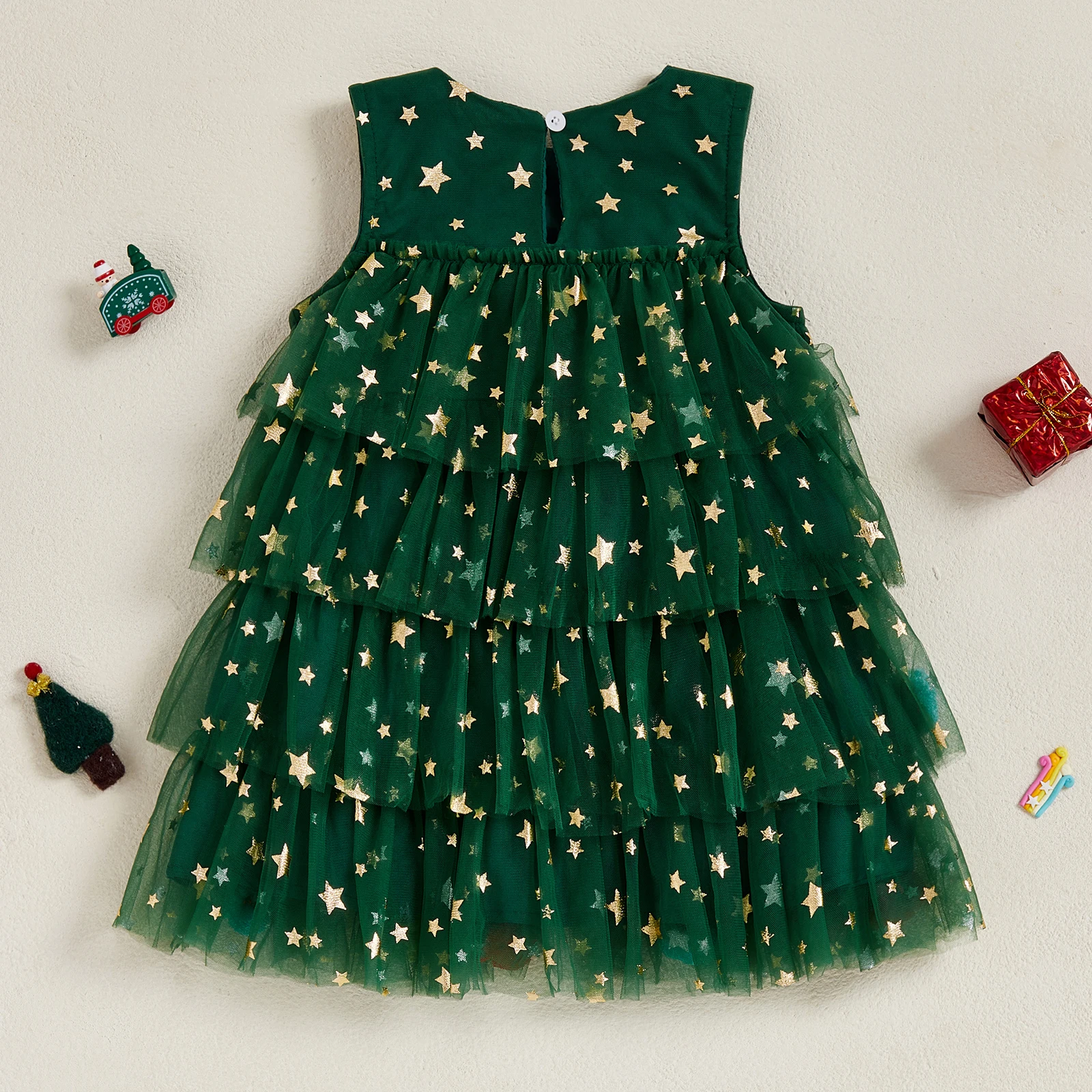 فستان عيد الميلاد للفتيات الصغيرات بدون أكمام، فستان بدون أكمام بنجوم لامعة، فساتين شبكية من التول، زي عيد الميلاد