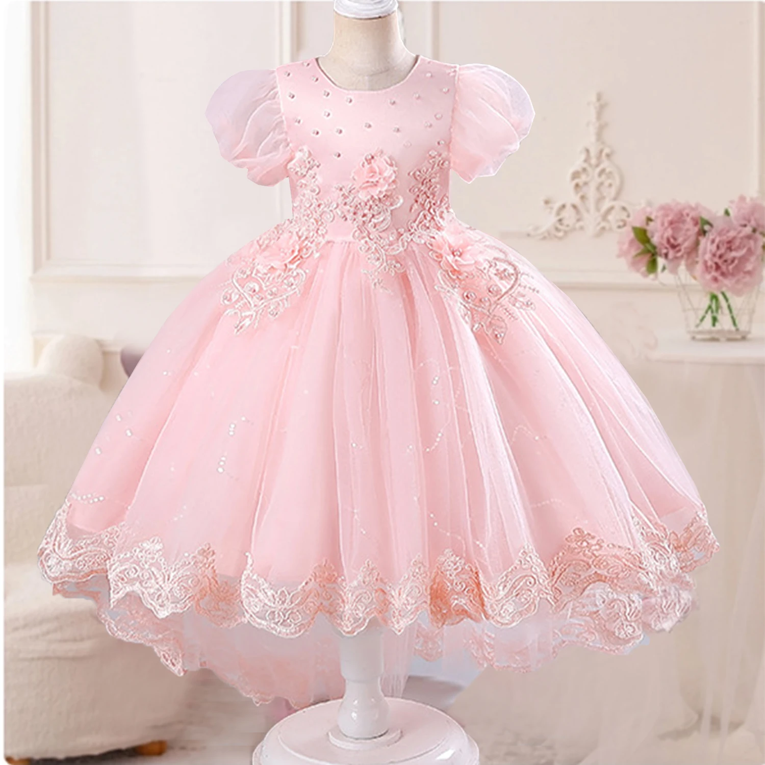 

3-10 Years Little Big Girls Puff Sleeves Embroidered Lace Wedding Flower Girl Birthday Party Pageant Formal High-Low Dress