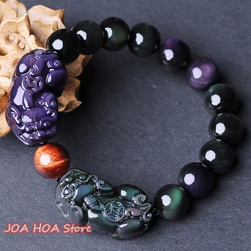 

New Natural Obsidian Tiger-Eye Color-Eye Double Pixiu Bracelet 12mm Obsidian Bangle Couples Bead Chain Necklace Quality Jewelry