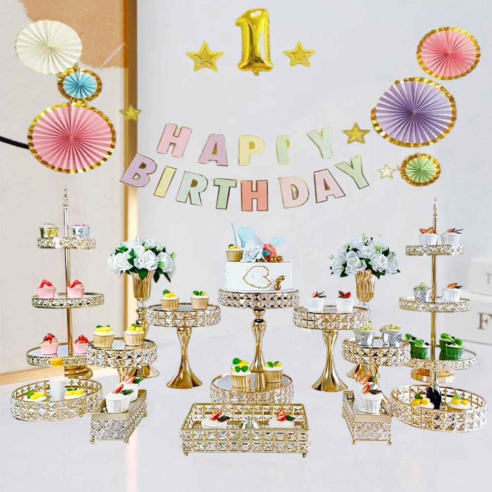 5-19Pcs/lot Shiny Cake Stand-Decorative Metal Cake Holder Round Cake Stand Genuine Mineral Crystals-Serving Plate Table Display