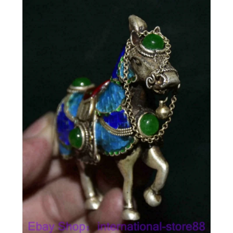 

3.6 Inch Old-Fashioned Chinese Cloisonne Silver Inlaid Green Jade Gem Hose Successful Sculpture