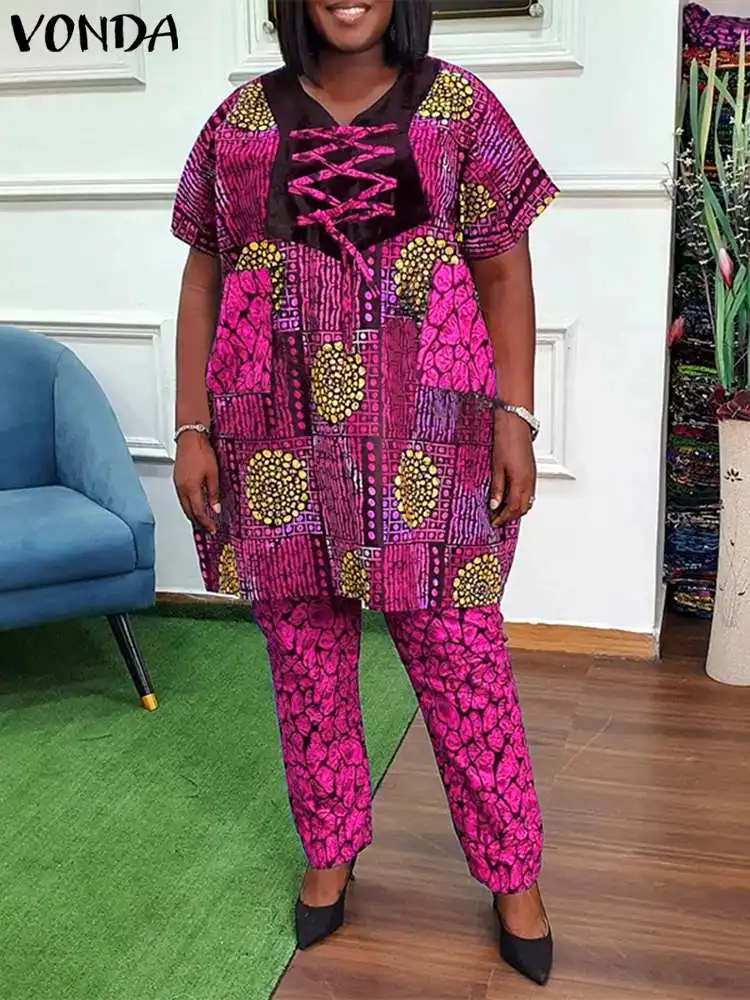 

Модные штаны, комплекты VONDA, женские сексуальные летние топы с коротким рукавом, длинные брюки, элегантные костюмы с принтом, женские комплекты из 2 предметов