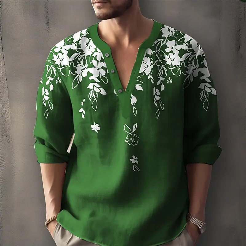Autumn Flower 3D Print Henley Shirts Men\'s Fashion Floral Streetwear Oversized Button Long Sleeve T Shirt Tees Tops Man Clothing