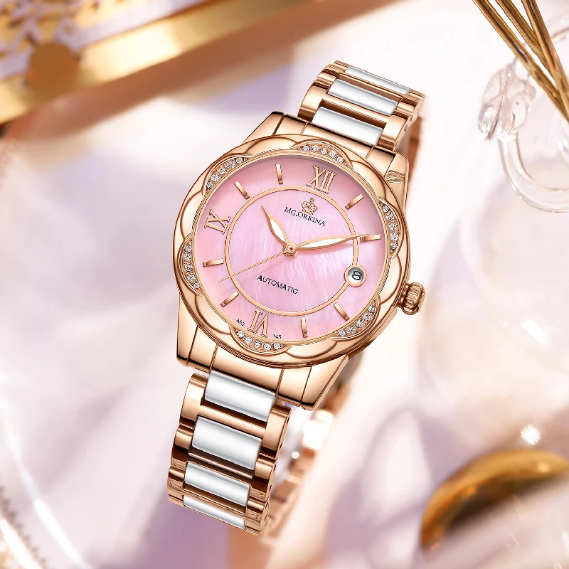 Automatic Watch for Women ORKINA Brand Original Mechanical Auto Date Mother-of-Pearl Dial Stainless Steel Band Ladies Wristwatch