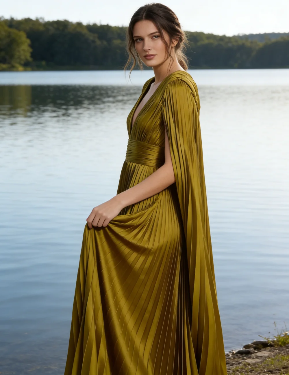 

Customized Sexy Fashion Ruched Draped A-line V-neck Long Dresses Evening Dresses For Birthday Party Sizes Available High Quality
