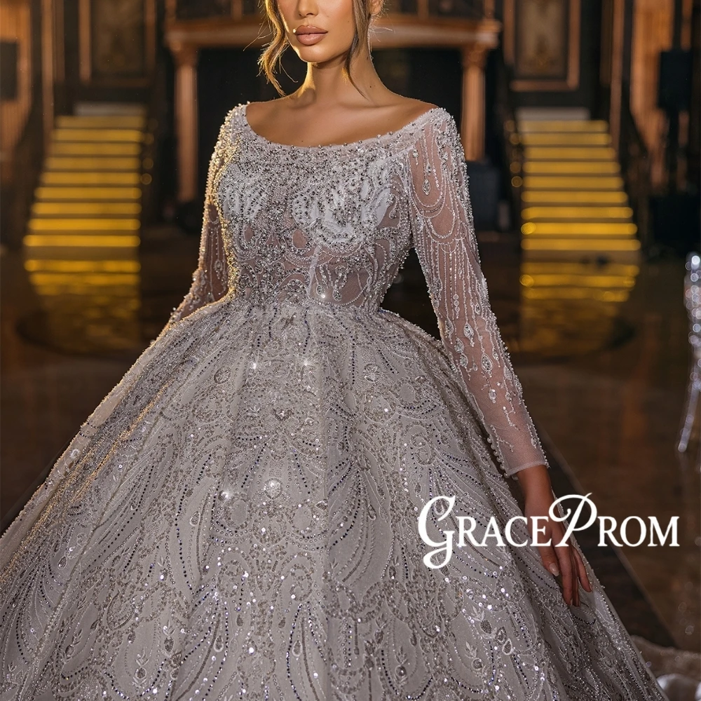 Vintage Palace Style Wedding Dress Dazzling Off-the-Shoulder Sheer Long Sleeves Luxury Beaded Ball Gown With Train Customized