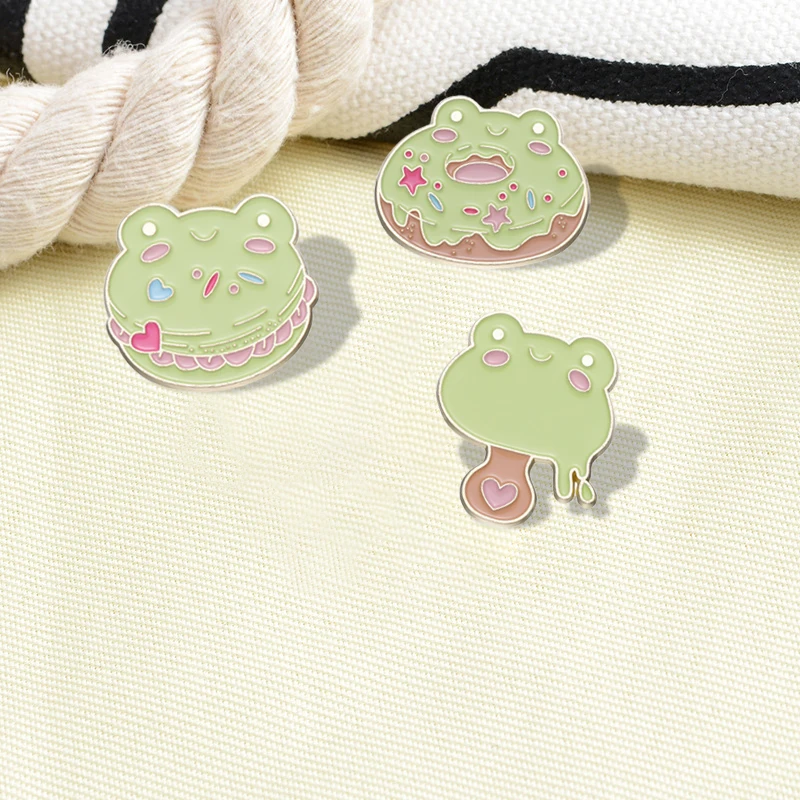 Frog Dessert Enamel Pins Custom Donut Juice Toast Hamburger Ice Cream Brooches Lapel Badges Animal Jewelry Gift for Kids Friends