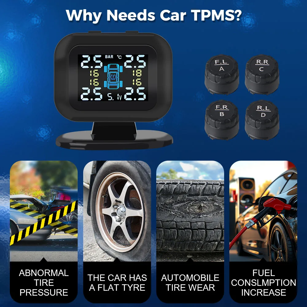 Wireless USB TPMS LCD Display With 4 Pcs External Sensor Mini Car Tire Pressure Monitoring System Auto Security Alarm Systems - Image 4