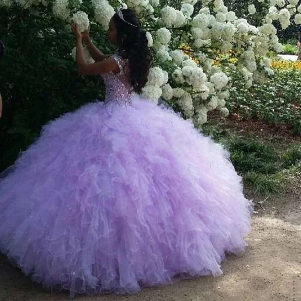 أرجواني-Quinceanera فساتين ثوب الكرة ، حبات حبيبته ، الكريستال تول ، الكشكشة المتدرجة ، الحلو 16 حفلة عيد ميلاد