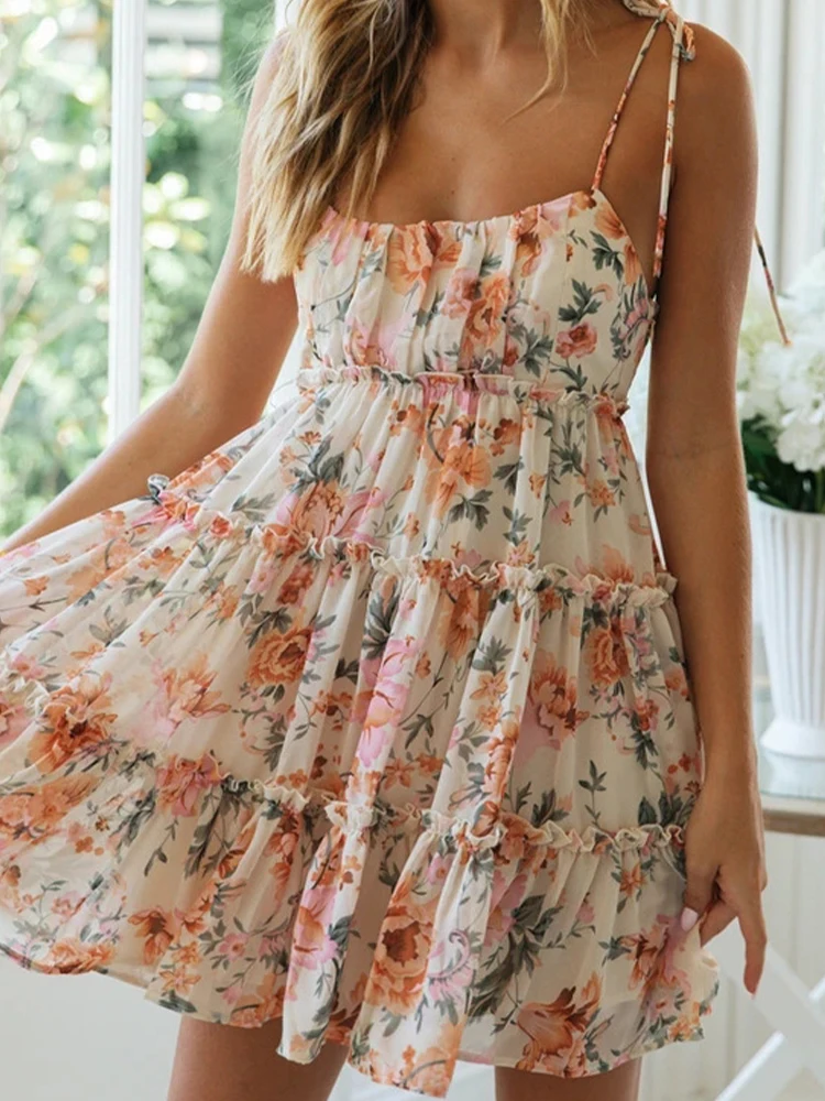 Boho Dress Women Summer senza maniche Backless Ruffle abiti corti con spalle scoperte stampa floreale Beach Sundress Holiday Party Vestidos