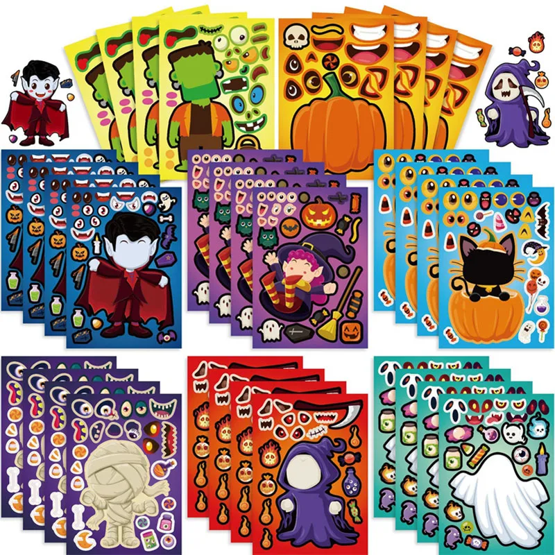 Children DIY Stickers Puzzle Crafts Create Mummy Ghost Witch Face Assemble Stickers Halloween Goodie Bag Fillers Toys Party Gift