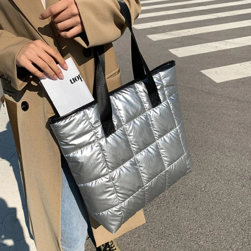 New Fashion Large Tote Padded Handbags Autumn Quilted Women Shoulder Bags Luxury PU Down Cotton Thread Crossbody Bag Winter Bag view 6