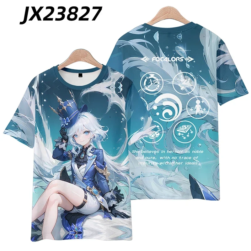 เสื้อยืดพิมพ์ลาย3D Anime genshin impact furina focalors เสื้อยืดคอกลมแขนสั้นสำหรับผู้หญิงผู้ชายฤดูร้อนเสื้อยืดลายกราฟิก