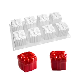 8-link Bow Gift Box French Mousse Mold Cubic Square Chocolate Silicone Mould Christmas Cake Baking Tools