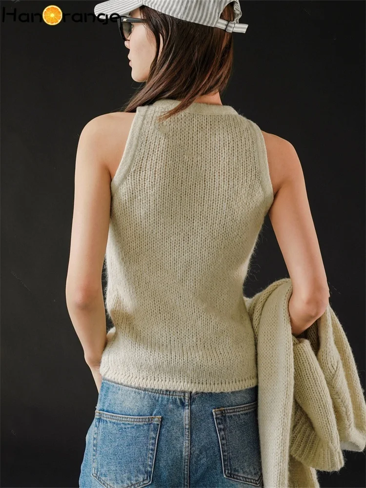 HanOrange 2025 Early Spring Casual O-neck Wool Blends Knitted Vest Women Soft Skin Friendly Top Grey/Apricot