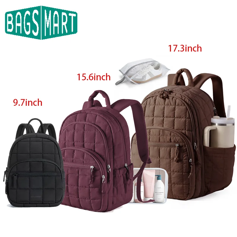 BAGSMART College Laptop Backpack Travel Backpack for Women Quilted Casual Daypack Water-Resistant Bookbag for 15.6 Inch Laptop