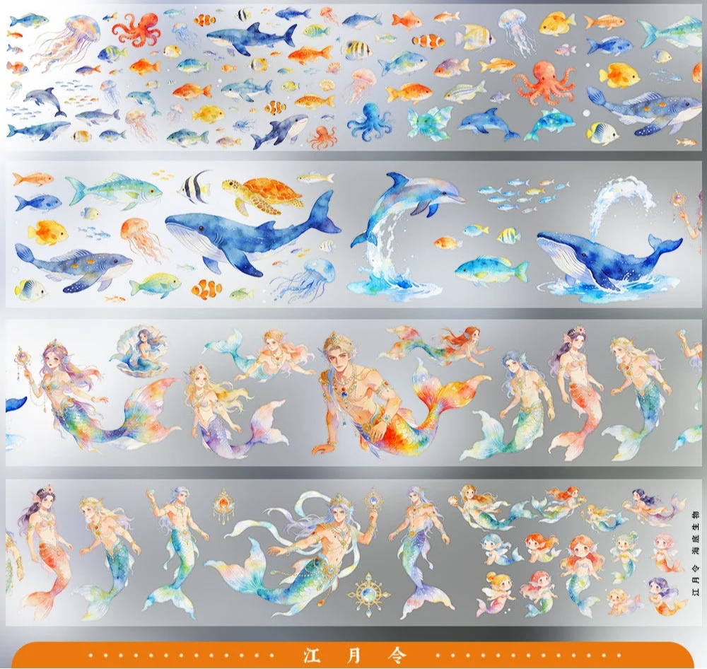 Jiang Yue Ling Mermaid PET Washi Tape Ocean Creature Whale Fish Masking Stickers for Scrapbook Journal DIY Phone Case Craft