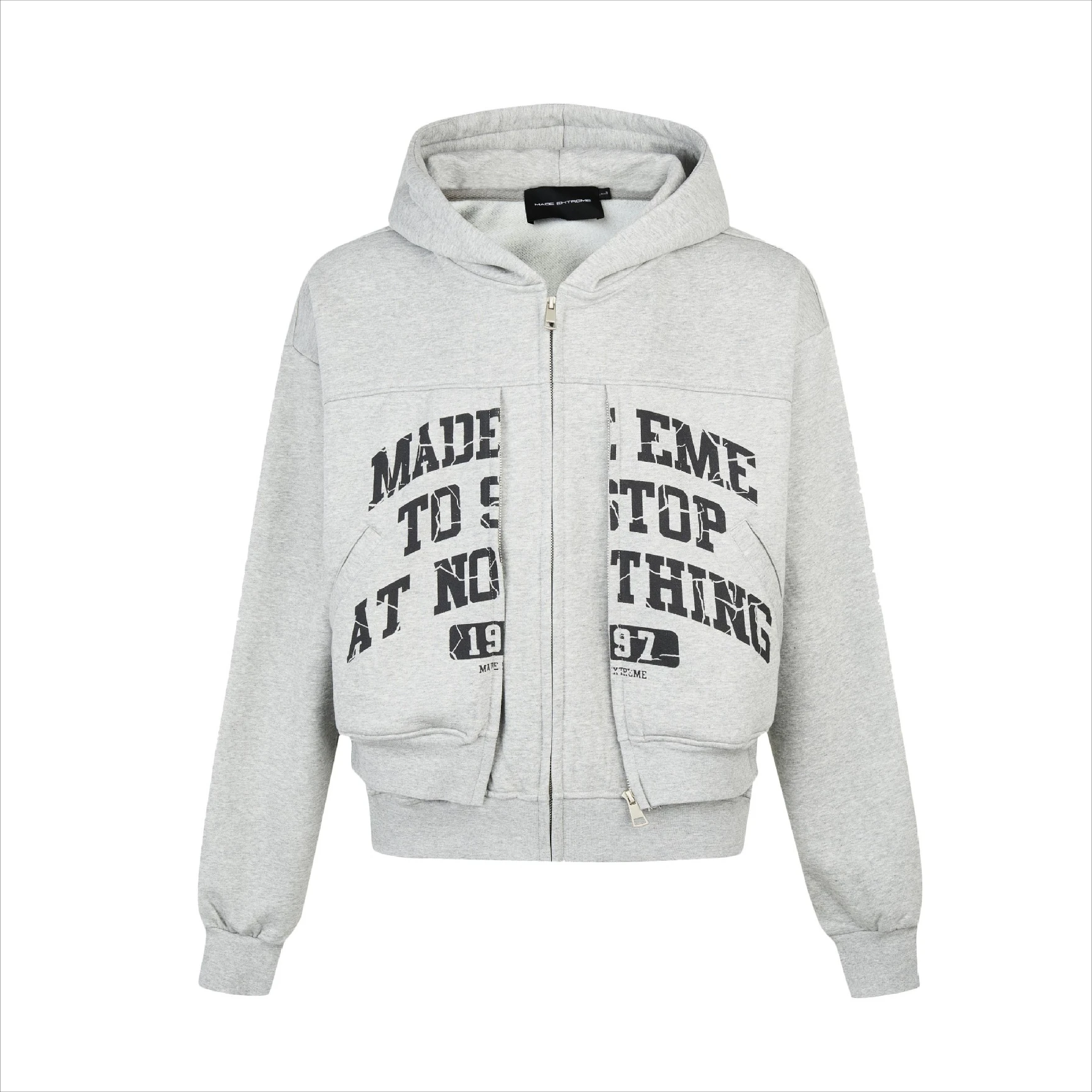 MADE EXTREME 420g Vintage Fake Two-piece Hooded Cardigan Double Zipper Street Wear Hoodies