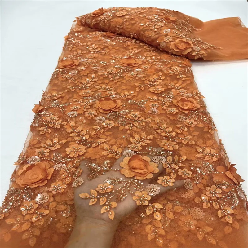 

High-End Handmade Beaded 3D flower orange Lace Fabric Gold Embroidery French Lace Wedding Dress Embroidered Aqua Tulle Fabric