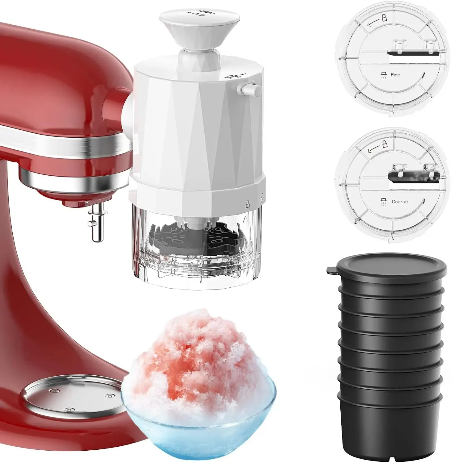 Shaved Ice Attachment for KitchenAid Stand Mixer, Snow Cone Shaved Ice Machine with Coarse and Fine Blades,8 Ice Cube Molde