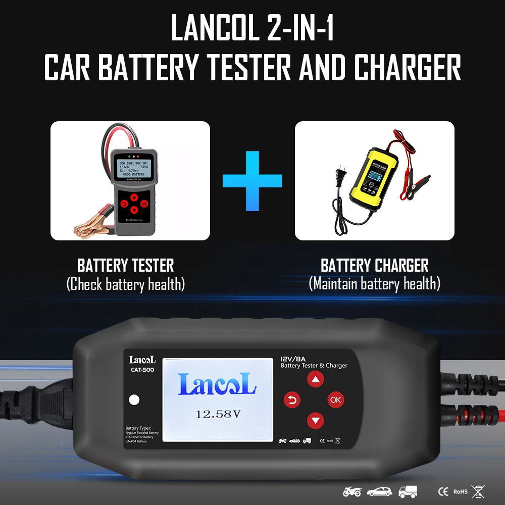 Lancol CAT-500 2 In 1 12V Battery Tester Battery Charger 8A Maintainer Automatic Trickle Charge For Lead Acid Lithium Batteries