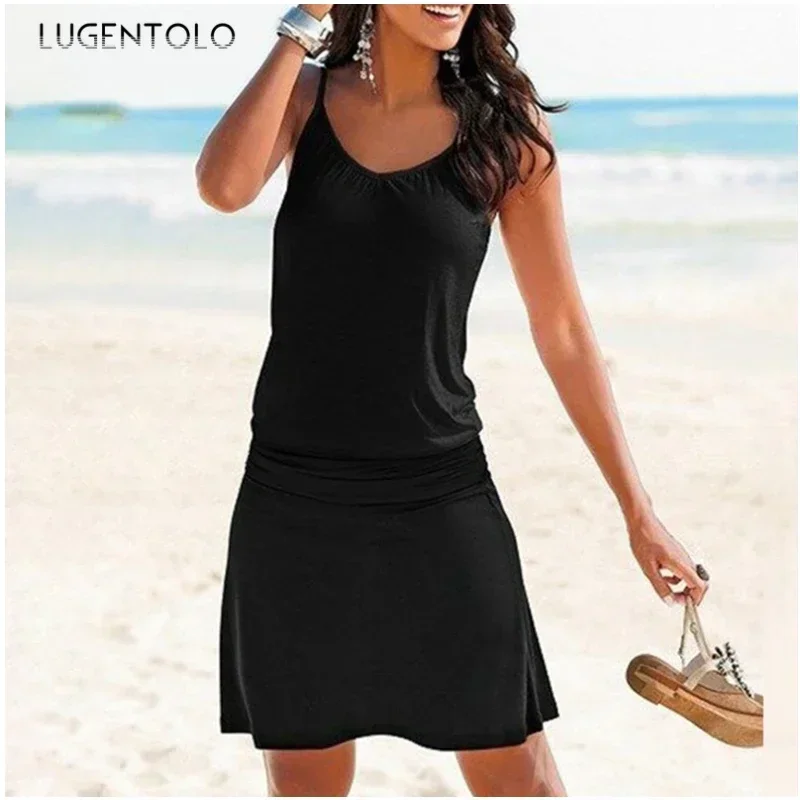 Women Summer Dress Printed Wavy Pattern Loose New Style Beach Casual Sleeveless Sexy Female Short Clothing Lugentolo