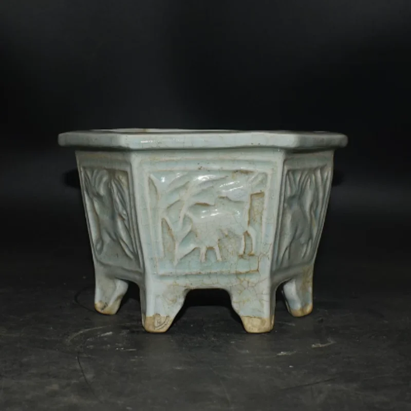 Vintage Hutian Kiln Hexagonal Censer with Auspicious Beast Relief - Traditional Ceramic ornament, Desktop Decor & Collectible