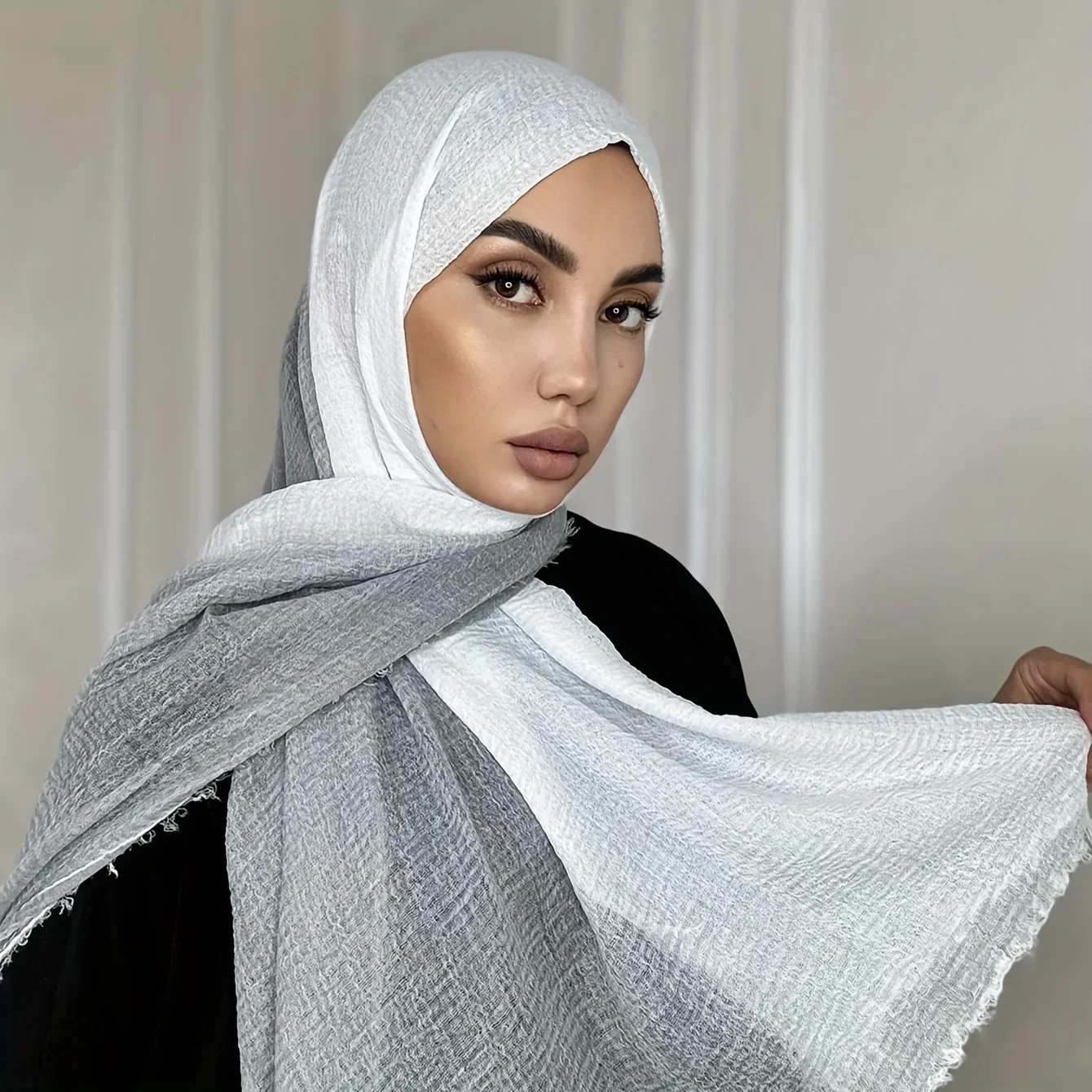 두 가지 색상의 크링클 그라데이션 컬러 히잡 타이다이 프린트 스카프 무슬림 여성 숄 랩 헤어밴드 이슬람 터번 푸라르