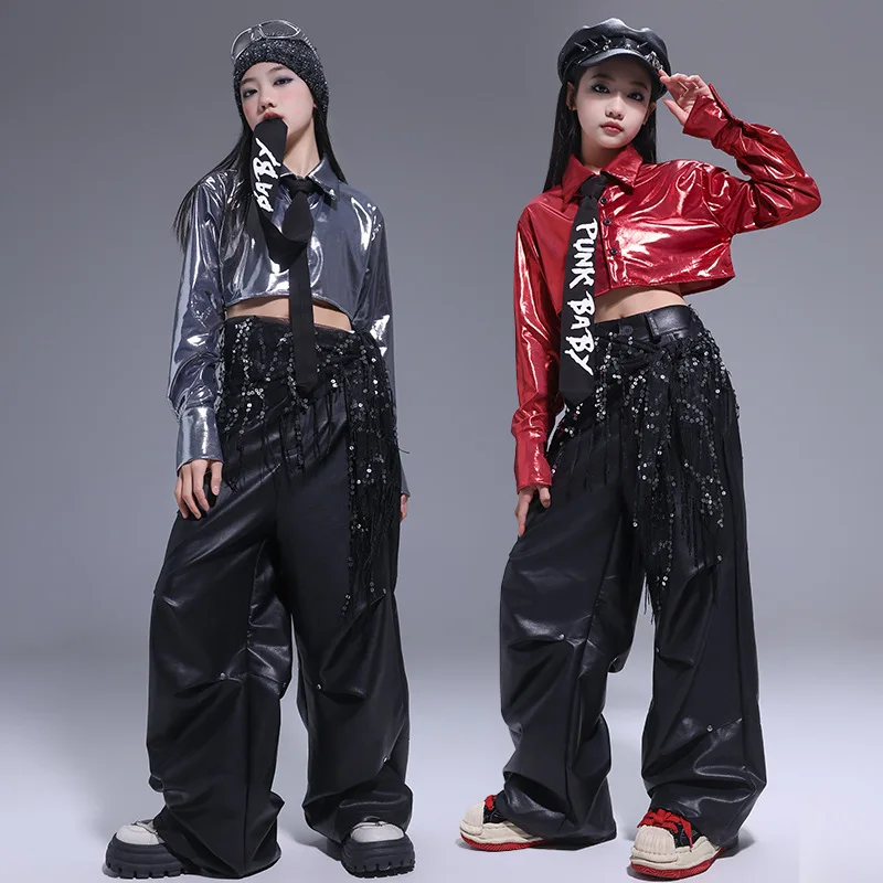 

Kid Kpop Hip Hop Clothing Red Silver Crop Shirt Top Black Faux Leather Casual Parachute Pants for Girls Dance Costumes Clothes