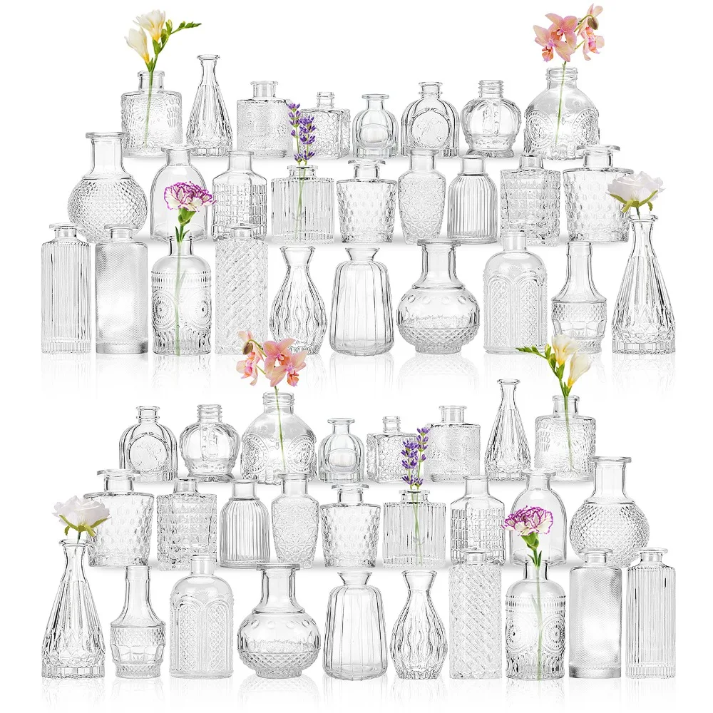 

54pcs Glass Bud Vases in Bulk, Small Vases for Centerpieces, Flower Vases for Flowers in Bulk for Rustic Wedding Home Table Decorations, Also For Aromatherapy Bottle, For Halloween and Christmas