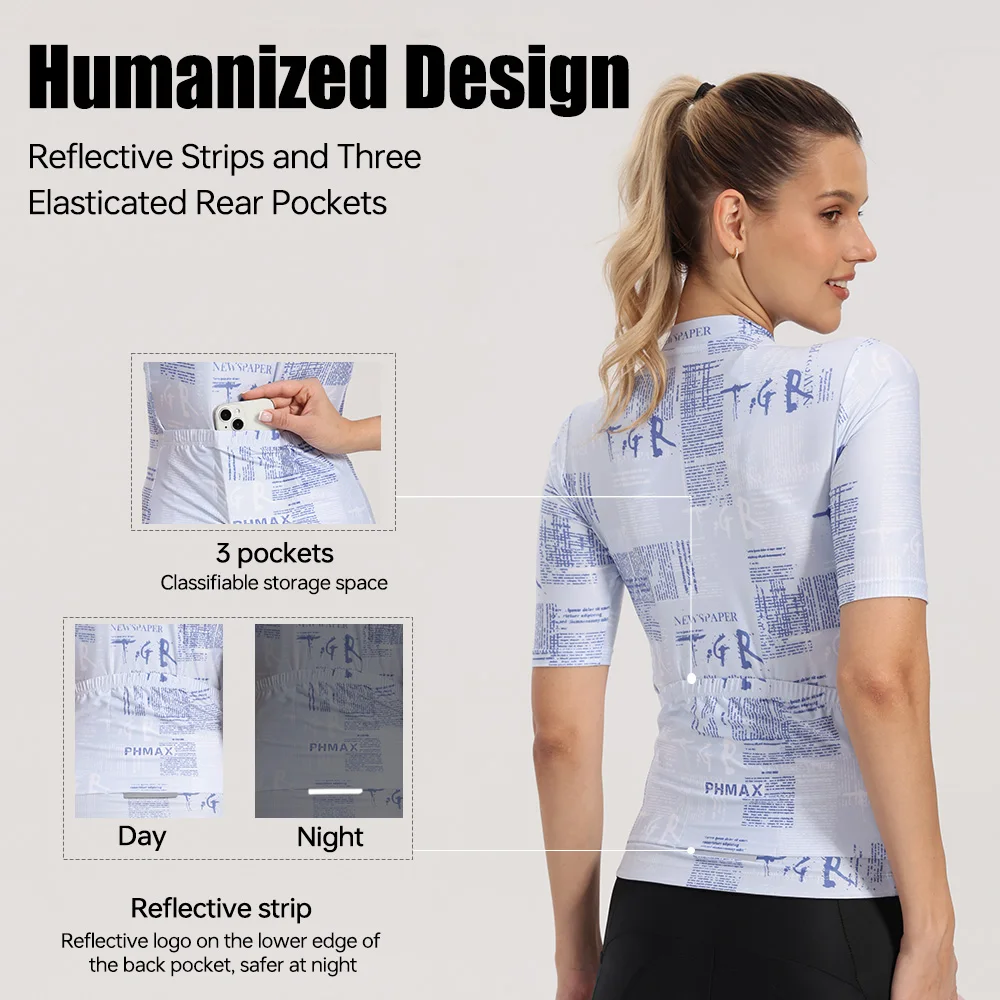 PHMAX Pro Women Short Sleeve Cycling Jersey Quick Dry Breathable Moisture Wicking 3 Pockets Bike Jersey for Long Distance Riding