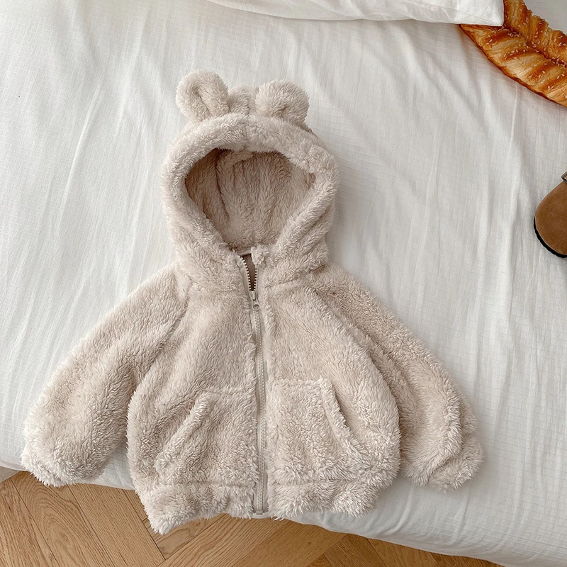 1-6 Years Boys Plush Jacket Spring Autumn Cute Bear Ears Little Princess Coat Hooded Zipper Keep Warm Baby Coat Kids Clothes