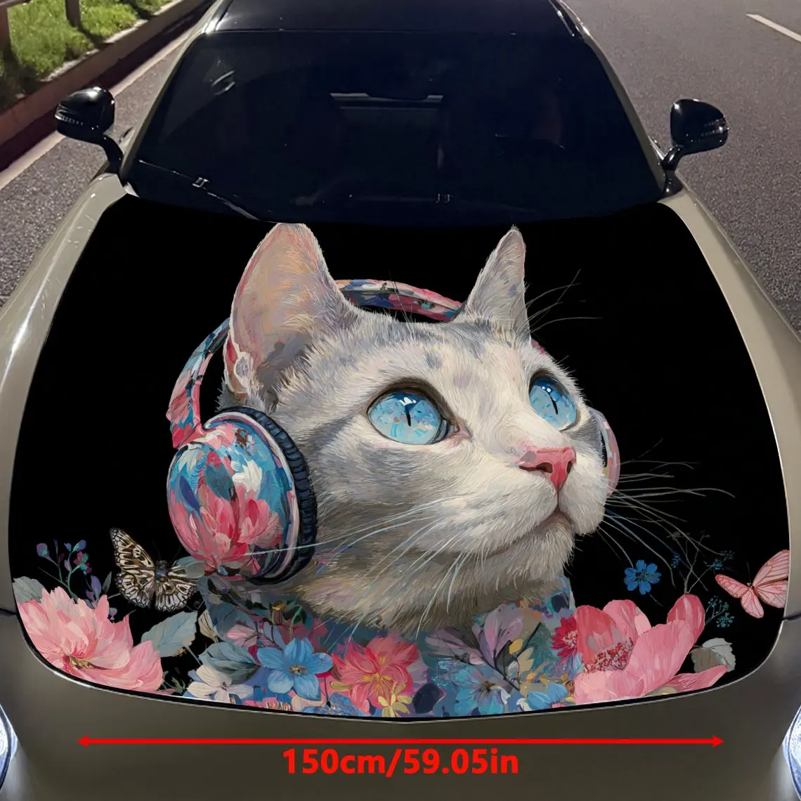 The gray kitten wearing headphones Car Hood Vinyl Stickers Car Surface Protection Decal Car Decoration Cover Vinyl Wraps Waterpr