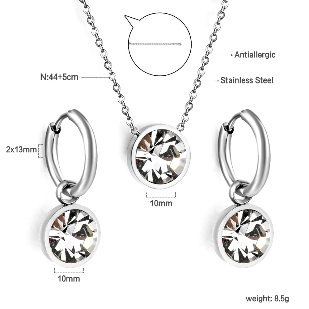 LUXUSTEEL Round White Colorful Crystal Stone Drop Hoop Earrings Necklace Women Stainless Steel Purple Green Blue Zirconia Sets