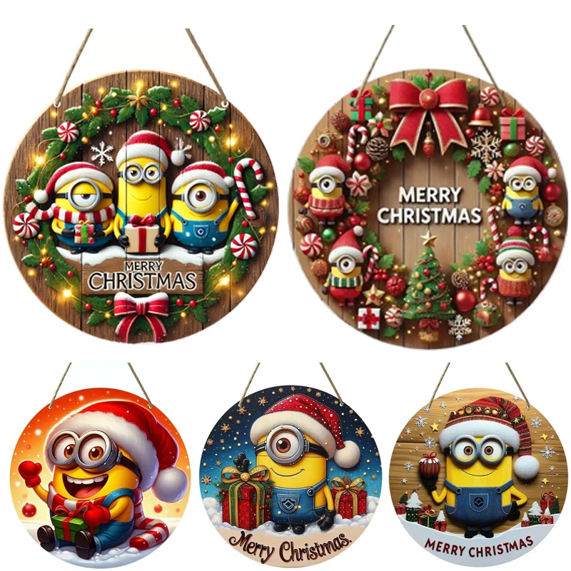 

Minions Christmas Themed Wooden Sign Decoration for Home Door Hanger Anime Wall Hanging Winter New Year 2025 Decoration Gifts